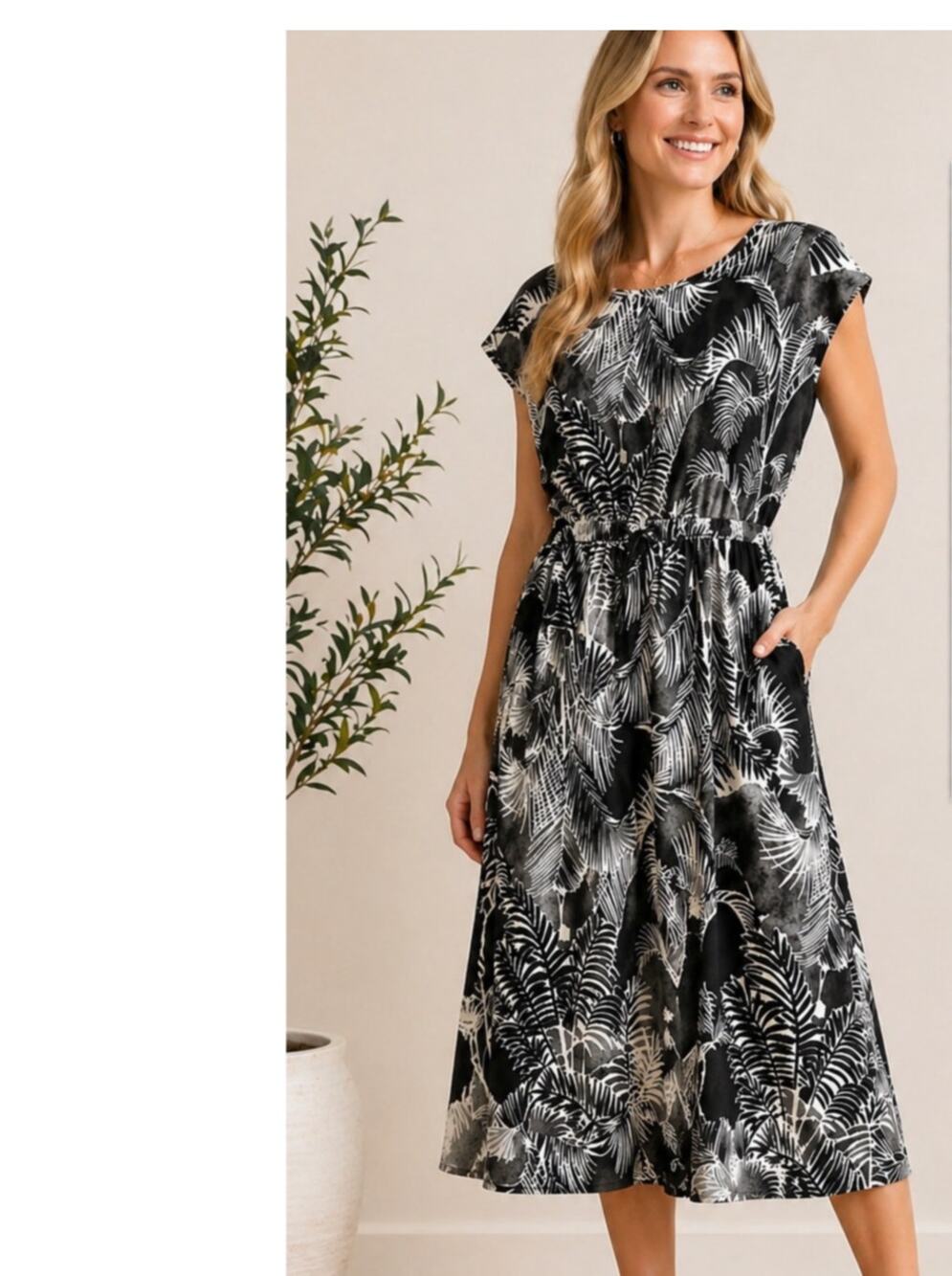 T by Talbots Palm Print Dress Small Black White Elastic Waist Stretch Midi